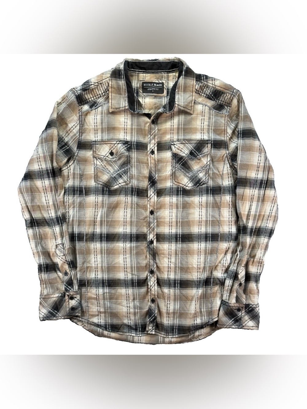 Buckle Athletic Fit Button Up Long Sleeve Shirt Men's Large Brown Plaid Western